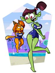 background_characters brown_hair cat_girl d-stro ella-mental giant_girl green_skin huge_breasts huge_hips lina_(yin_yang_yo!) pool rita_(yin_yang_yo!) school_swimsuit sinstroart sukumizu yang_(yin_yang_yo!) yin_(yin_yang_yo!) yin_yang_yo!