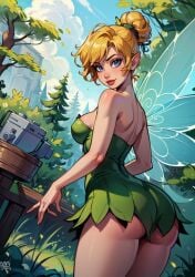 1girls ai_generated ai_hands ass blonde_hair blue_eyes camera disney disney_fairies fairy fairy_wings female female_focus forest miniskirt nature pointy_ears tinker_bell wings