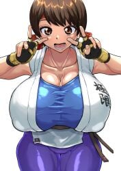 1girls alternate_breast_size asian asian_female bandana big_breasts breasts brown_eyes brown_hair busty castro__503_(artist) cleavage curvaceous curvy curvy_body curvy_female curvy_figure double_v dougi female female_only fingerless_gloves gigantic_breasts gloves huge_breasts king_of_fighters king_of_fighters_xv large_breasts peace_sign red_bandana short_hair snk solo thick_thighs thighs tomboy v_sign voluptuous white_background yuri_sakazaki