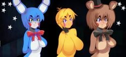 3girls android animatronic anthro big_breasts bonnie_(fnaf) bonnie_(fnia) breasts bunny_girl busty camera camera_view chica_(fnaf) chica_(fnia) featureless_breasts female female_only five_nights_at_freddy's five_nights_at_freddy's_2 five_nights_in_anime fnaf fnia freddy_(fnaf) freddy_(fnia) furry hands_behind_back mairusu-paua multiple_girls no_nipples robot robot_girl robot_humanoid stage standing tagme toy_bonnie_(fnaf) toy_chica_(fnaf) toy_freddy_(fnaf)