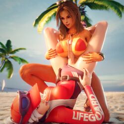 1futa 1girls 3d alexavlewd alternate_costume aphrodite_(smite) beach_babe_aphrodite big_breasts bikini blonde_hair crossover cum cum_on_breasts european_mythology futanari goddess greek_mythology hi-rez_studios lian_(paladins) light-skinned_female light_skin mythology paizuri paladins shore_patrol_lian smite white_hair