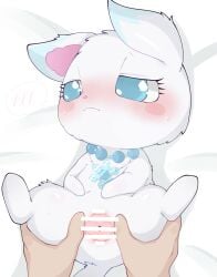 ambiguous_gender arctic_fox blue_body blue_eyes blue_fur blush canid canine censor_bar censored censored_pussy disembodied_hand duo embarrassed faceless_character faceless_human female female_on_humanoid fox fur genitals hi_res himimi human humanoid jewelpet jewelpet_(species) jewelry larimar_(jewelpet) looking_away mammal necklace pussy sanrio sega sega_toys semi-anthro snowflake spread_pussy spreading true_fox white_body white_fur