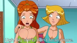 2d 2girls alternate_version_available big_breasts cleavage clover_(totally_spies) edit english_text multiple_girls nerota nipple_peek sam_(totally_spies) screenshot_edit totally_spies