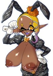 1girls alternate_breast_size areola big_breasts blonde_hair bow_tie breasts brown_areola brown_body brown_nipples bunnysuit clothing costume dark_skin ear_piercing fake_ears fake_rabbit_ears female female_only fish frye_(splatoon) hi_res humanoid inkling latex looking_at_viewer lovelasu necktie nintendo nipples pupils purple_hair reverse_bunny_costume reverse_bunnysuit splatoon splatoon_(series) splatoon_3 unusual_pupils yellow_eyes