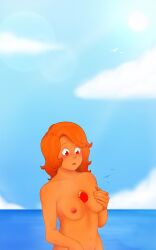 1girls alien alien_girl beach beach_background blue_sky blush breast_grab breasts breasts_out color colored dark_nipples digital_drawing_(artwork) digital_media_(artwork) erect_nipples exhibitionism exploration exploring_body exposed_breasts exposed_nipples female female_focus female_only fire_opal gem gem_(species) gemsona hairless_pussy humanoid innocent_expression medium_breasts medium_hair naked navel nipples no_bra no_panties nude nude_female oc ocean open_mouth orange_body orange_hair orange_skin original original_character red_eyes red_nipples shaved_pussy soft_shading solo solo_focus standing steven_universe surprised topless topless_female touching_breast touching_self uncensored uncensored_breasts wavy_hair