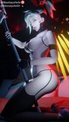 3d bed blonde_hair bloosayshello blue_eyes exposed_breasts female fishnets heels mercy overwatch overwatch_2 posing stockings tongue_out tongue_piercing