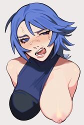 1girls aqua_(kingdom_hearts) aqua_eyes blue_hair breasts cum_on_face fangs female human kingdom_hearts nipples nude nude_female one_breast_out porqueloin tagme