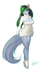 2015 alpha_channel anthro black_hair blush bottomless breasts chinchilla cleavage ear_piercing emerald_(yuureikun) facial_piercing female fur furry furry_only green_eyes green_hair grey_fur half-dressed high_heels lip_piercing lip_ring lips long_hair looking_at_viewer mammal open-chest_sweater piercing pussy red_lips rodent smile solo standing sweater yuureikun