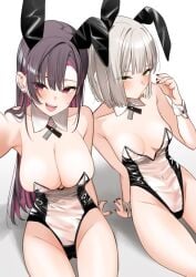 2girls animal_ears bad_id bad_twitter_id black_hair black_leotard black_nails blush breasts bunny_ears bunnysuit cleavage detached_collar ear_piercing earrings english_commentary fake_animal_ears from_above green_eyes grey_hair groin haruka_(motto_notto) highleg highleg_leotard highres jewelry large_breasts leotard long-haired_girl_(motto_notto) long_hair looking_at_viewer medium_breasts meme_attire motto_notto multicolored_hair multiple_girls nail_polish original outstretched_arm piercing playboy_bunny rabbit_ears red_eyes see-through see-through_clothing see-through_leotard sitting smile strapless strapless_leotard translucent_bunnysuit transparent_bunnysuit two-tone_leotard wrist_cuffs