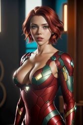 1female 1girl 1girls 1woman actor actress ai_generated black_widow_(marvel) celebrity green_eyes green_eyes_female hi_res high_resolution highres iron_man_(cosplay) iron_woman marvel marvel_cinematic_universe natasha_romanoff red-hair red_hair red_hair_female scarlett_johansson smirk solo solo_female solo_focus superhero superhero_costume superheroine