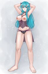 1girls aqua_hair armpits arms_behind_head ass_visible_through_thighs bare_arms bare_legs barefoot black_panties blue_eyes blue_hair breasts breasts_out eirika_(fire_emblem) empty_eyes female female_only fire_emblem fire_emblem:_the_sacred_stones hazuki_(nyorosuke) large_breasts legs lingerie long_hair nintendo nipples panties solo underwear very_long_hair