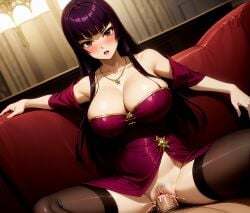 ai_generated cocktail_dress couch fairy_tail kagura_mikazuchi off_shoulder orgasm payop slit_dress stockings vaginal_sex