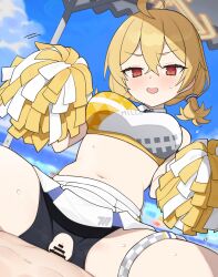 1boy absurdres ahoge bar_censor bike_shorts blonde_hair blue_archive blue_sky breasts censored cheerleader clothed_sex cowgirl_position cowgirl_position crop_top eguegu female hair_between_eyes halo hands_up highres holding holding_pom_poms kotori_(blue_archive) kotori_(cheer_squad)_(blue_archive) large_breasts midriff navel open_mouth penis pom_pom_(cheerleading) red_eyes sex skirt sky smile solo_focus stomach straddling straight sweat torn_bike_shorts torn_clothes vaginal_penetration white_skirt yellow_halo