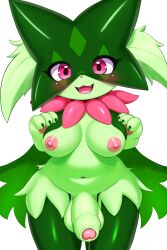 absurd_res anthro areola balls belly big_balls big_breasts big_penis blush bodily_fluids breasts dripping fangs felid feline foreskin front_view fur genital_fluids genitals green_body green_fur gynomorph hi_res humanoid_genitalia humanoid_penis intersex kemono kemow_(artist) looking_at_viewer mammal meowscarada navel nintendo nipples nude penis pink_areola pink_nipples pokemon pokemon_(species) precum precum_drip smile solo teeth tongue unretracted_foreskin wide_hips