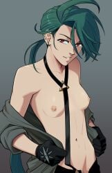 1girls breasts elite_four female fit_female human nipples no_bra pokemon pokemon_sv rika_(pokemon) small_breasts teal_hair tomboy undressing zet13