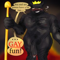 animal_humanoid anthro balls big_penis black_fur blush body_hair buff clickmyhole cock crown danny_smoke_in_furry_land dick dominant_male dripping_cum furry furry_male gay hanging_penis homosexual king king_magnum moobs nipples older_male scepter solo_male speech_bubble teeth_showing yellow_sclera