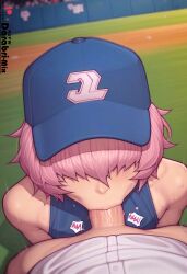 1boy absurd_res ace_of_diamond ai_generated blowjob blowjob_pov darabri-mix femboy feminine_male flat_chest girly hair_over_eyes huge_cock kominato_haruichi logo medium_hair otoko_no_ko outlines patreon patreon_logo pink_hair pov shirt simple_background sweat sweating trap