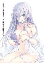 bare_arms bare_belly bare_legs bare_shoulders bare_thighs belly_button big_breasts blue_eyes blue_hair blush breasts colored date_a_live dress_removed long_hair naked novel_illustration official_art open_mouth smile takamiya_mio thighs tsunako