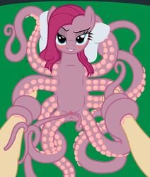 absurdres badumsquish bedroom_eyes blue_eyes blush cephalopod clitoris duo equine female feral friendship_is_magic highres horse hybrid long_hair looking_at_viewer lying mammal marine my_little_pony octopus on_back pillow pink_fur pink_hair pinkamena_(mlp) pinkie_pie_(mlp) pony pov presenting pussy smile solo_focus tentacle what