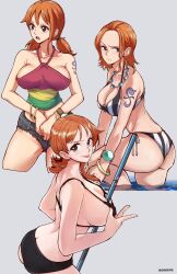 1girls aosora artist_name bikini bracelet breasts brown_eyes crop_top denim_panties female female_only grey_background highres jewelry large_breasts log_pose medium_hair multicolored_shirt multiple_views nami nami_(one_piece) necklace official_alternate_costume one_piece one_piece_film_strong_world open_mouth orange_hair pre-timeskip shirt shoulder_tattoo simple_background sleeveless sleeveless_shirt striped_bikini striped_clothes striped_shirt swimsuit tattoo