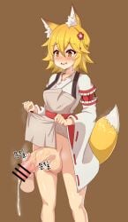 1futa 1other absurdres animal_ear_fluff animal_ears apron apron_lift balls big_breasts big_penis blonde_hair bottomless breasts brown_background censored clothed clothes_lift clothing disembodied_hand disembodied_limb drooling erection feet_out_of_frame flower fox_ears fox_girl fox_tail futa_only futanari grey_apron hair_between_eyes hair_flower hair_ornament handjob highres huge_cock humanoid humanoid_penis japanese_clothes kemonomimi kimono large_penis large_testicles lifted_by_self light-skinned_futanari light_skin long_sleeves mostly_clothed open_mouth penis pm_byeol-i senko_(sewayaki_kitsune_no_senko-san) sewayaki_kitsune_no_senko-san short_hair simple_background smile solo_focus standing tail testicles text veins veiny_penis white_kimono wide_sleeves yellow_eyes