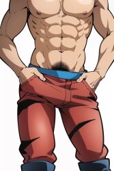 1boy ai_generated crotch_focus guido_mista hands_in_pockets jojo's_bizarre_adventure male male_only pose posing posing_for_the_viewer pubic_hair simple_background solo vento_aureo