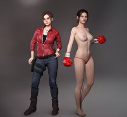 1girls 3d 3d_(artwork) boxing boxing_gloves breasts brown_hair cb1964 claire_redfield female female_only gloves micro_panties on/off panties red_boxing_gloves red_gloves resident_evil solo tagme topless topless_female