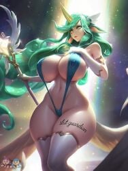 1girls ai ai_edit ai_generated big_breasts bikini body_writing celestial_(league_of_legends) child_bearing_hips curvy dizelxl edit edited edited_official_artwork female female_focus female_only green_hair hips huge_breasts large_breasts league_of_legends micro_bikini riot_games sling_bikini slingshot_swimsuit solo soraka star_guardian_series star_guardian_soraka thick thick_thighs voluptuous voluptuous_female wide_hips