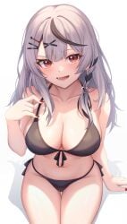 1girls aoi_zerii bare_shoulders bikini black_bikini black_hair blush breasts cleavage collarbone front-tie_bikini grey_hair hair_ornament hololive hololive_japan holox large_breasts long_hair looking_at_viewer multicolored_hair navel open_mouth red_eyes sakamata_chloe side-tie_bikini solo straight_hair virtual_youtuber x_hair_ornament