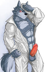 1boy 2015 abs anthro balls blush canine clothing erection hat humanoid_penis jumpsuit kadzu looking_at_viewer male male_only mammal muscles open_clothes open_shirt pecs penis shirt solo wolf