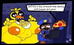 anthro beak belly big_breasts breasts chef_pee_pee_(sml) chica_(fnaf) chicken duo female five_nights_at_freddy's food genitals machine male nipples non-mammal_nipples pizza pussy robot scottgames sml superiorfox thick_thighs