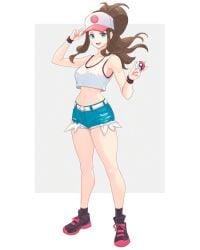 aged_up belt blue_eyes brown_hair hat headwear high_ponytail hilda_(pokemon) holding_object human human_female human_only large_breasts light-skinned_female light_skin looking_at_viewer midriff nintendo not_porn pokeball pokemon ponytail sfw shorts simple_background truejekart white_hat