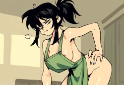 1girls ai_generated apron ass black_hair female green_eyes large_breasts milf mother mother_(the_coffin_of_andy_and_leyley) naked naked_apron naked_female niezero nipples ponytail solo solo_focus the_coffin_of_andy_and_leyley tied_hair