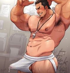 1boy 2024 armpit_hair balls bara barazoku beard beard_stubble big_bulge blush bulge bulge_through_clothing coach daddy dilf erection erection_under_clothes genital_fluids hi_res highres jockstrap male male_nipples male_only manly mature_male muchiyukichan muscular_male nipples penis penis_outline precum precum_drip precum_through_underwear sweat sweating underwear