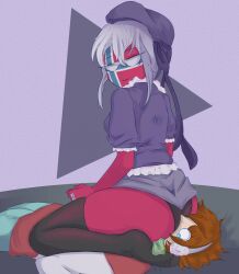 ass countryhumans countryhumans_girl facesitting fartingturnsmeon femdom human leggings norway_(countryhumans) tagme thigh_highs