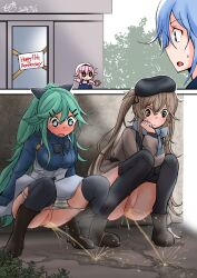 2girls 4girls beret blue_hair blush brown_hair cat_ears character_request embarrassed female green_eyes green_hair harusame_(kantai_collection) kantai_collection multiple_girls musou_bw panty_pull peeing pink_hair pubic_hair public puddle pussy squatting