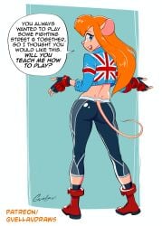 absurd_res anthro ass ass_visible_through_thighs bicycle_shorts blue_eyes boots cammy_white capcom chip_'n_dale_rescue_rangers cosplay disney fanart female_only fingerless_gloves gadget_hackwrench gloves gvellav highres looking_at_viewer looking_back mouse mouse_ears mouse_girl mouse_humanoid mouse_tail muscular_anthro muscular_female red_hair rodent rodent_humanoid shorts solo sportswear street_fighter street_fighter_6 tight_clothing tight_fit tight_pants