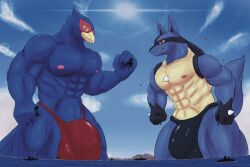 abs absurd_res aircraft airplane anthro avian beak blue_body bulge canid canine city clothing destruction detailed_bulge duo explosion falco_lombardi generation_4_pokemon green_eyes hi_res jet lucario macro male mammal muscular muscular_anthro muscular_male nintendo nipples non-mammal_nipples pecs pokemon pokemon_(species) red_eyes sea sekie ship speedo spines star_fox swimwear tail togepi1125 vehicle water watercraft