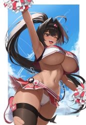 1girls bay_(nikke) breasts brown_hair brown_skin buff_bard cheerleader cheerleader_uniform dark-skinned_female dark_skin female goddess_of_victory:_nikke hi_res huge_breasts long_hair midriff outdoors panties short_skirt skirt smile thick_thighs underboob