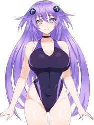 blue_eyes breasts front_view goddess hair_ornament light-skinned_female long_hair looking_at_viewer neptune_(neptunia) neptunia_(series) one-piece_swimsuit purple_hair purple_heart_(neptunia) smile solo swimsuit thighs zatsu