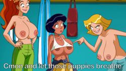 2d 3girls alex_(totally_spies) alternate_version_available clover_(totally_spies) edit english_text multiple_girls nerota nipples no_bra sagging_breasts sam_(totally_spies) screenshot_edit totally_spies