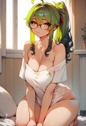 a1exwell ai_generated bedroom blush bottomless cleavage cute_face female glasses greeen_hair kneeling large_breasts off_shoulder original_character oversized_clothes ponytail shirt_only stable_diffusion t-shirt wide_hips