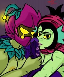 big_breasts big_penis brawl_stars cordelius_(brawl_stars) crying excited fish_girl handjob kiss_mark kissing lily_(brawl_stars) lips lipstick lipstick_mark lipstick_on_penis monster monster_girl muscle_tone muscles no_humans tacitusart willow_(brawl_stars)