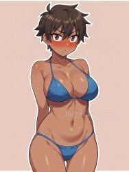 ai_generated arms_behind_back big_breasts bikini bikini_bottom bikini_only bikini_top blue_bikini blush blushed breasts brown_eyes brown_hair cameltoe dark-skinned_female dark_skin female female_focus female_only jorgecarlosai looking_at_viewer short_hair simple_background tagme thick thick_thighs tomboy tomboys toned toned_female wide_hips