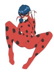 1girls 2d 2d_(artwork) bagelfree big_breasts blue_eyes blue_hair bodysuit cameltoe domino_mask eye_mask female female_only ladybug_(character) marinette_dupain-cheng miraculous:_tales_of_ladybug_and_cat_noir miraculous_ladybug nipple_bulge phone pigtails sitting skin_tight solo superheroine taking_selfie tight_clothes white_background