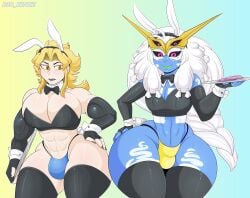 2boys alduinafterdark alduingijinka alien ambush_(trap) armwear blonde_hair blue_skin bulge bunny_ears bunnysuit cleavage condoms dio_brando femboy fingerless_gloves fu_[jess_baptiste_vi] jojo&#039;s_bizarre_adventure lipstick long_hair male_only no_more_heroes thick_thighs thighhighs thong vampire white_hair