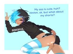 1boy ass_focus black_and_blue dsmp femboy lucibaba mcyt minecraft_youtubers penis_out skeppy striped_legwear thighhighs two_tone_hair youtube youtuber