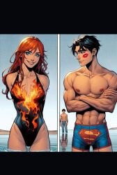 1girls 2boys abs ai_generated angelica_jones beach biceps boxers boxers_(clothing) cheating_boyfriend damian_wayne dc dc_comics female firestar_(marvel) jon-el jonathan_kent lipstick_mark male marvel marvel_comics muscular_male nipples original_character red_hair robin_(damian_wayne) robin_(dc) shirtless_male smiling superboy superboy_(jonathan_kent) supersons trunks_(clothing) underwear_only