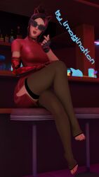 bar blush breasts choker clothed clothed_female clothing come_hither come_hither_gesture crossed_legs demi_(fortnite) feet fortnite fully_clothed fully_clothed_female head_tilt legwear looking_at_viewer pink_toenails sunglasses tinted_eyewear try_imagination