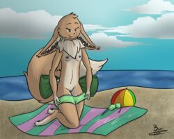 2015 anthro areola ball beach beach_ball black_pussy bow breasts brunn-bear clothes eevee eyewear female green_eyes mammal nintendo nipples pokemon pokemorph presenting presenting_pussy pussy sand seaside small_breasts solo sunglasses swimsuit tahla towel video_games